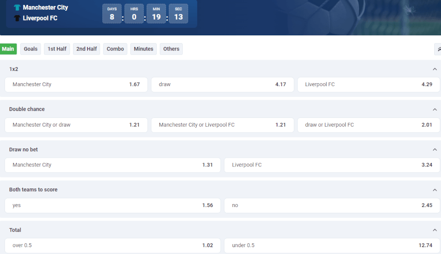 Decimal odds at 22bet Ghana for different betting types