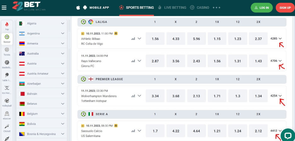 Red arrows showing betting markets for different soccer leagues