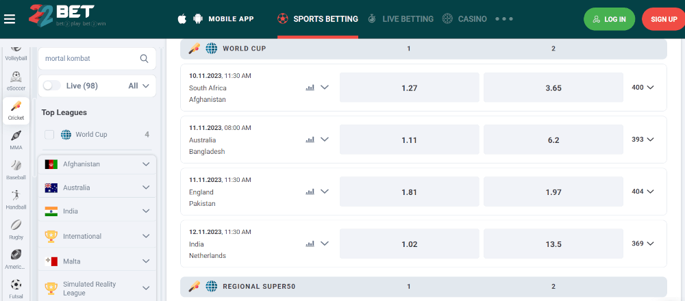 22bet Sports Betting displaying Cricket category with selected options