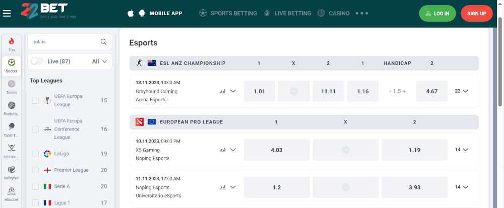 22bet Sports Betting displaying esports category with selected options