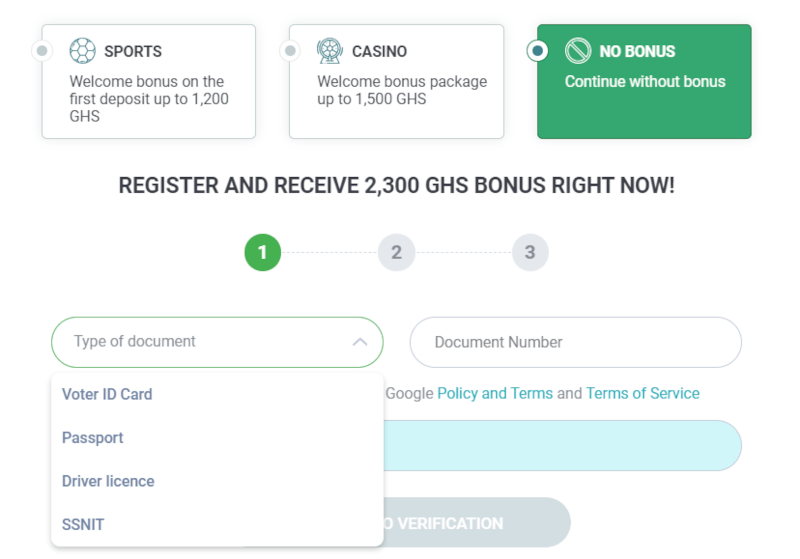 Registration page at 22Bet Ghana