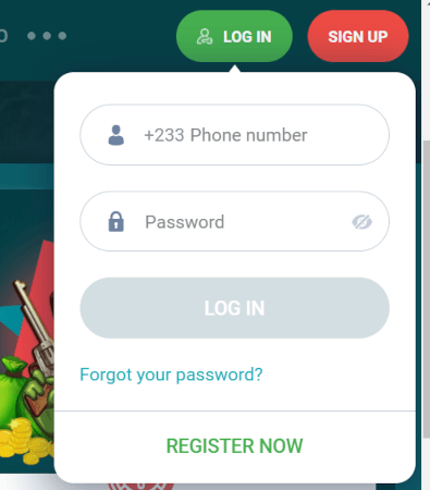 Login page at 22Bet Ghana