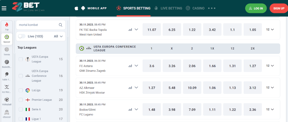 22bet Sports Betting displaying Soccer category with selected options