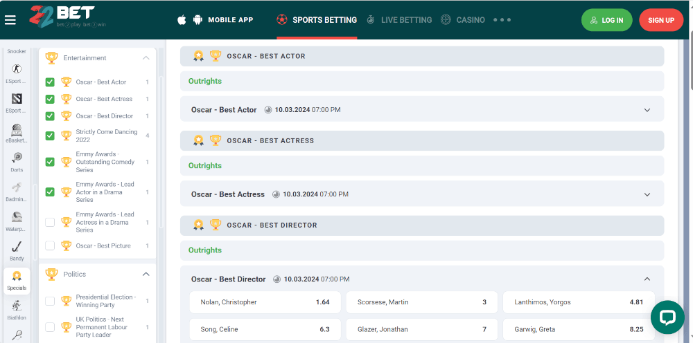 22bet Sports Betting displaying Special category with selected options