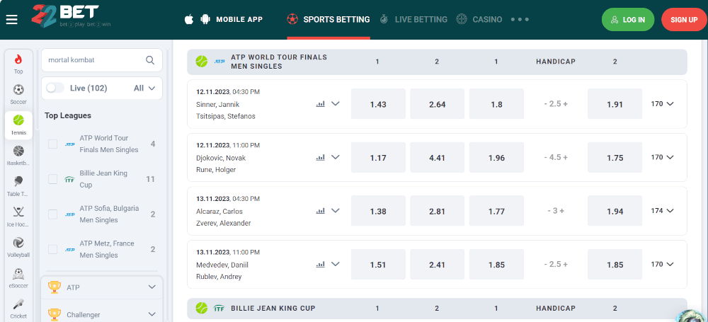 22bet Sports Betting displaying Tennis category with selected options